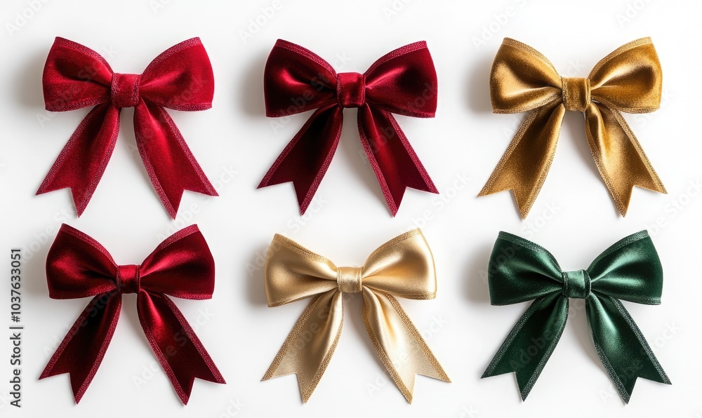 A row of bows in different colors, including red, gold, and green A row of bows in different colors, including red, gold, and green