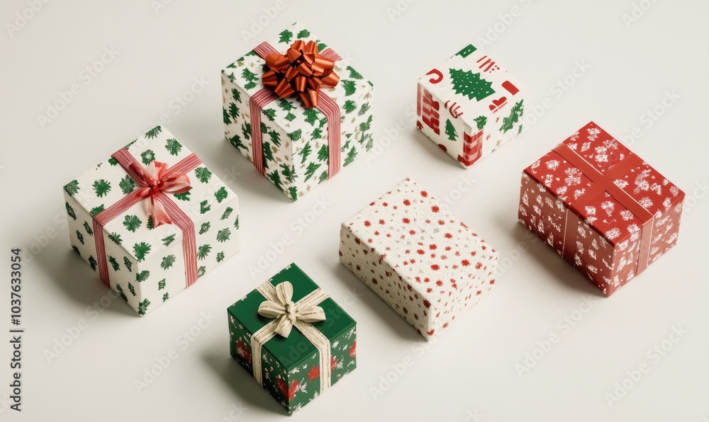 A row of six Christmas presents with different designs and colors A row of six Christmas presents with different designs and colors