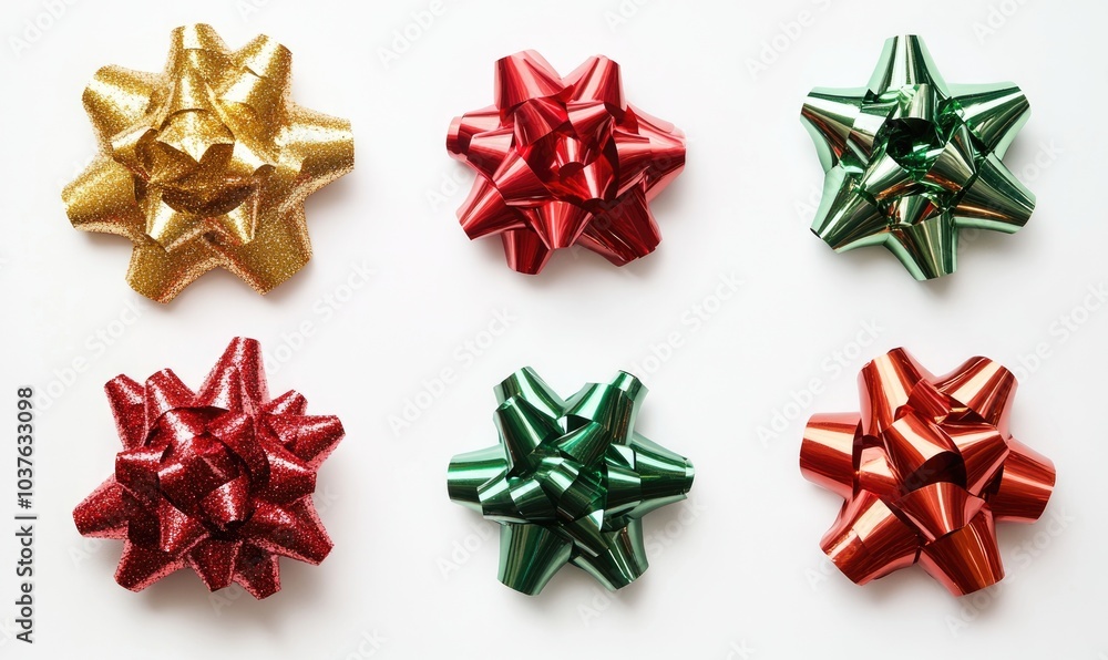 A row of colorful bows with one being red and the others being green and gold A row of colorful bows with one being red and the others being green and gold