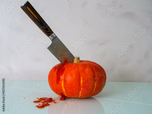 hokkaido pumpkin with a knife stuck in the middle, light background, lots of knife, red elements of blood ketchup, reflection in the base photo