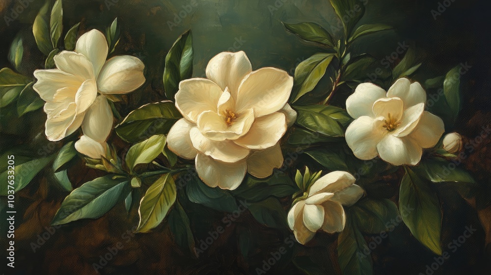 Oil painting of blooming gardenia and jasmine flowers with leaves on a dark backdrop featuring vibrant blossoms and a framed edge Oil painting of blooming gardenia and jasmine flowers with leaves on a dark backdrop featuring vibrant blossoms and a framed edge