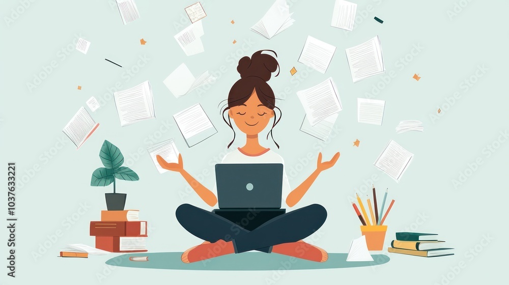 Woman meditating while working on a laptop Woman meditating while working on a laptop