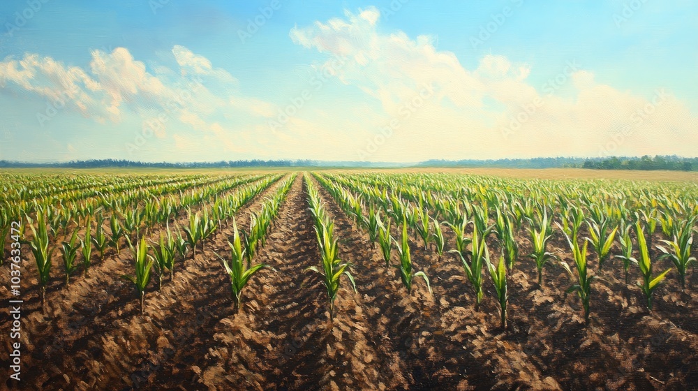 Oil painting depicting a landscape of young corn plants thriving in rich soil extending across a broad field towards the distant horizon