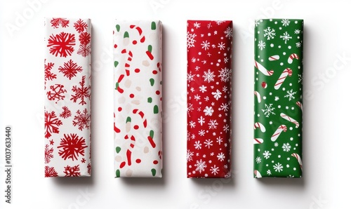 Four different colored wrapping paper with Christmas designs