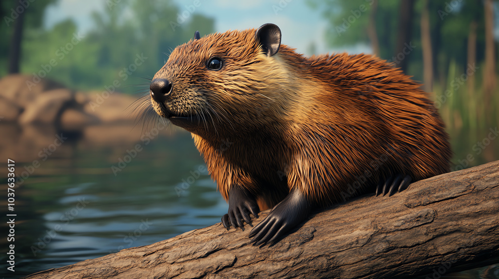 A beaver resting on a log beside a serene river. The lush green background complements the beaver's rich fur and tranquil environment. A beaver resting on a log beside a serene river. The lush green background complements the beaver's rich fur and tranquil environment.