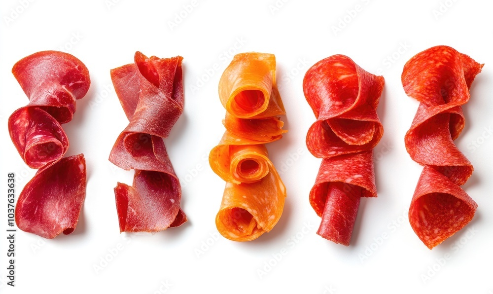 A row of meat slices, including pepperoni and salami A row of meat slices, including pepperoni and salami