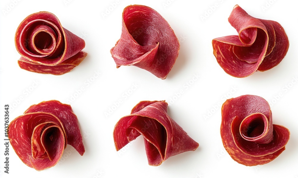 A close up of various slices of meat, arranged in a row A close up of various slices of meat, arranged in a row
