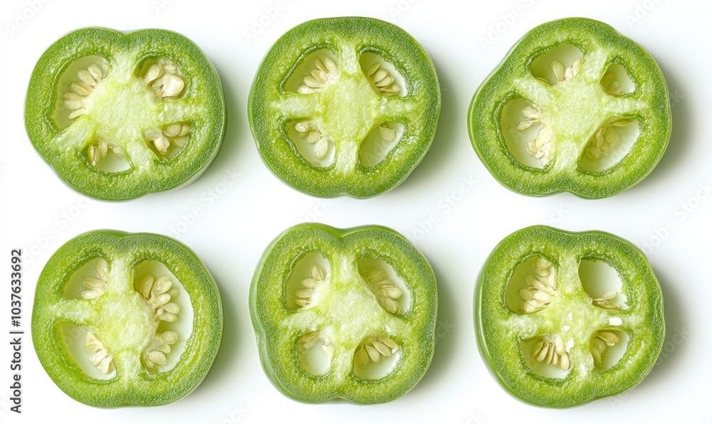 A close up of a green pepper with the seeds removed A close up of a green pepper with the seeds removed