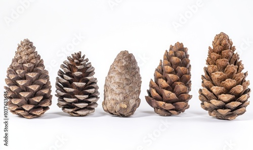 Five pine cones are lined up on a white background