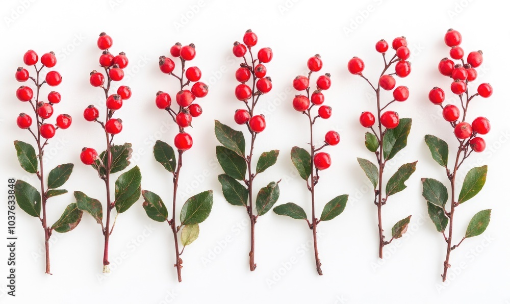 A row of red berries are lined up on a white background A row of red berries are lined up on a white background