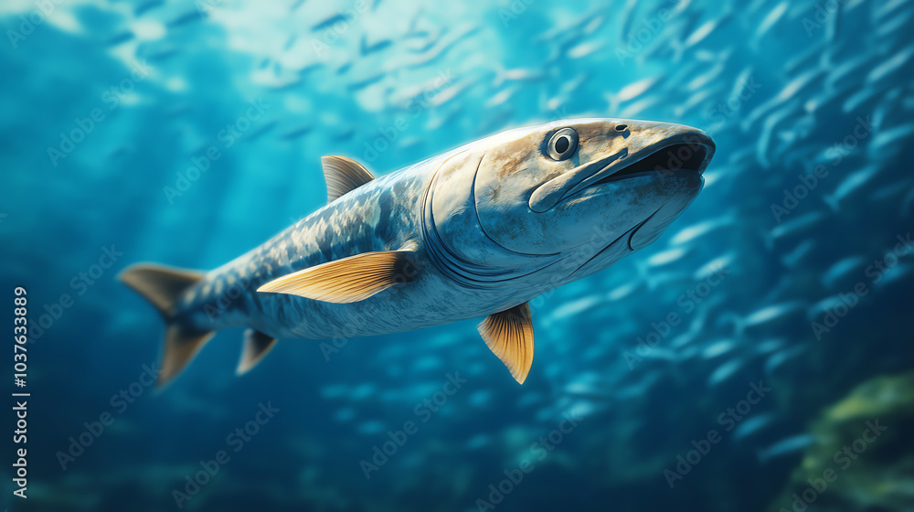 Naklejka premium A close-up shot of a fish swimming gracefully in clear blue water, surrounded by shimmering light and a school of smaller fish.