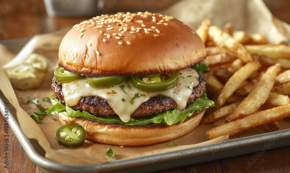 A burger with cheese and jalapenos sits on a tray next to a pile of french fries A burger with cheese and jalapenos sits on a tray next to a pile of french fries