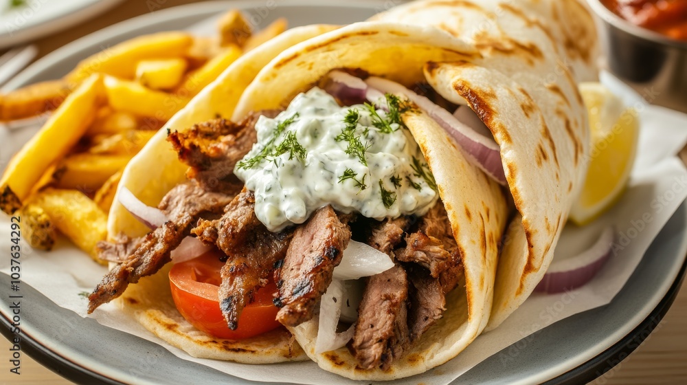 A refreshing plate of Greek gyros with slices of tender grilled meat, tomatoes, onions A refreshing plate of Greek gyros with slices of tender grilled meat, tomatoes, onions