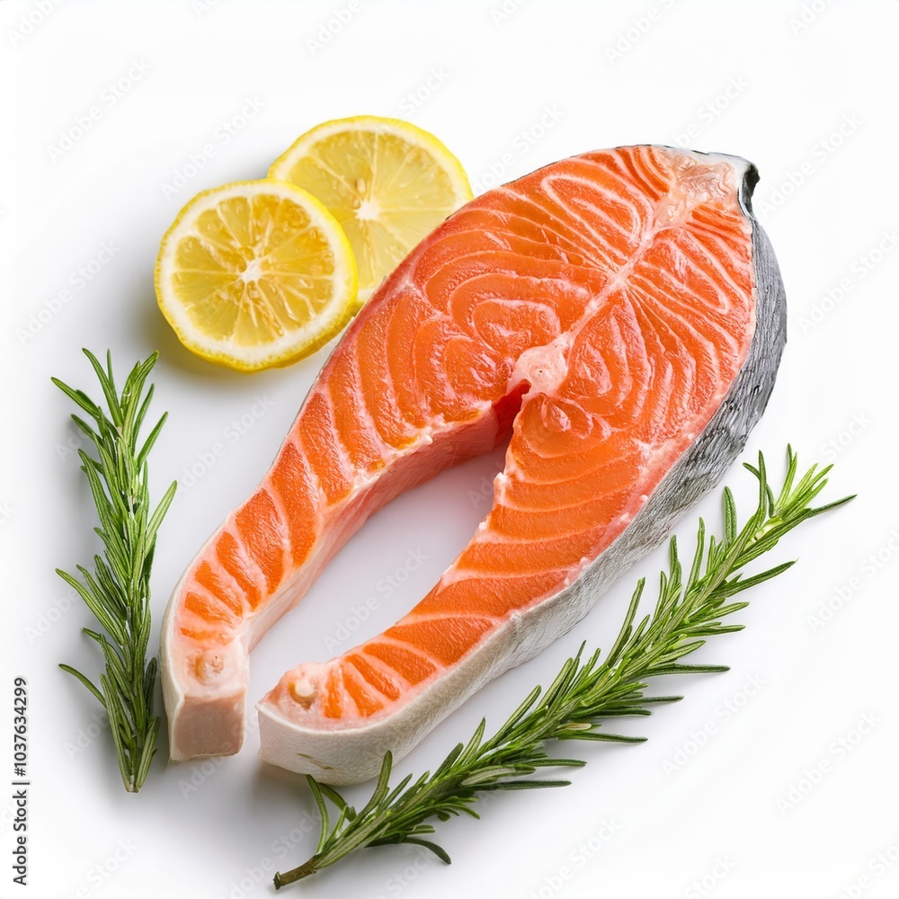 Fresh salmon steak garnished with lemon and rosemary, isolated on a white background with ample space for text Fresh salmon steak garnished with lemon and rosemary, isolated on a white background with ample space for text