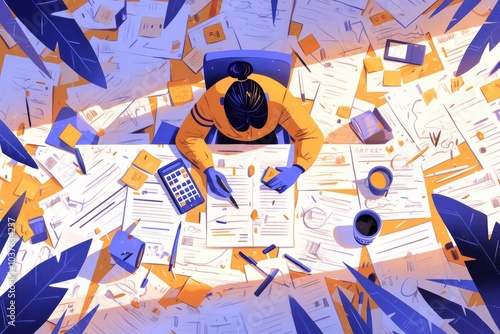 Overwhelmed Worker in a Sea of Papers and Office Supplies photo