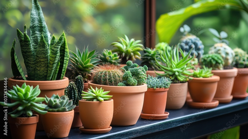 A collection of various potted plants displayed on a shelf in a bright environment. A collection of various potted plants displayed on a shelf in a bright environment.