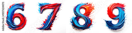 Numbers 6, 7, 8, 9. Alphabet Made of Red and Blue Paint Strokes on White Background.