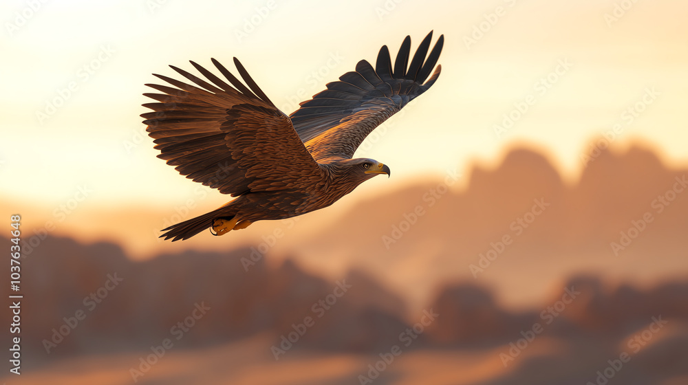 Fototapeta premium A majestic hawk glides gracefully through the sky, with its wings spread wide, illuminated by the soft glow of the sunset.
