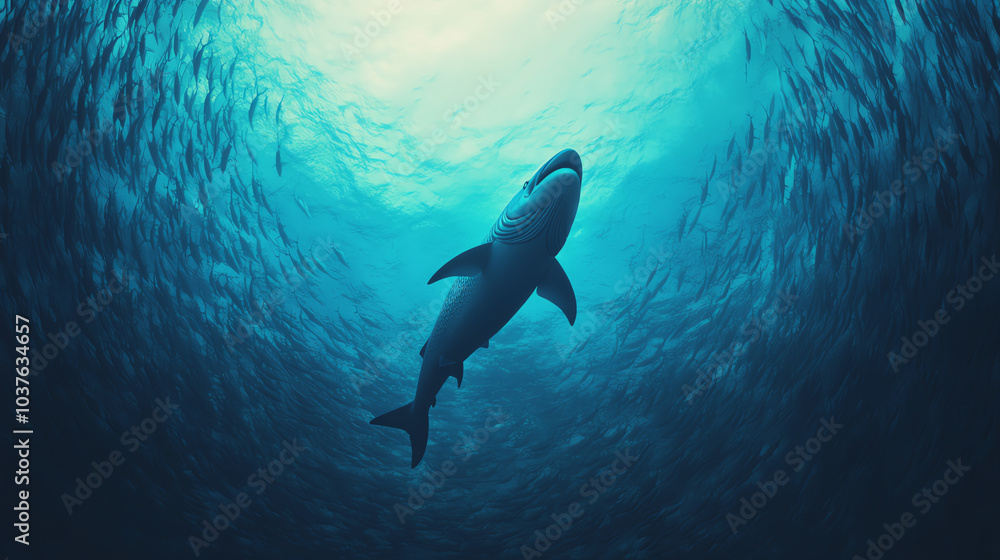 A majestic shark swimming gracefully through clear blue waters, surrounded by schools of smaller fish, showcasing the beauty of marine life. A majestic shark swimming gracefully through clear blue waters, surrounded by schools of smaller fish, showcasing the beauty of marine life.