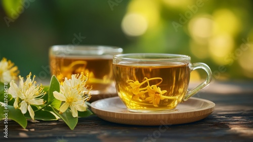  Honeysuckle tea in glass cups with fresh flowers on a wooden table, traditional Chinese medicine style, outdoor setting