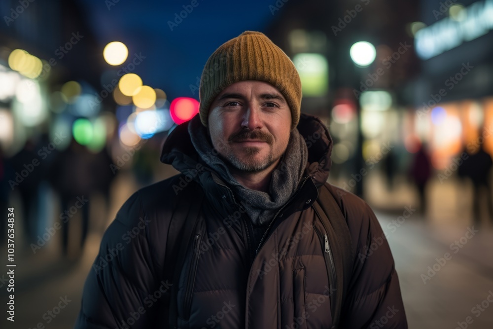 Portrait of a man in the city at night, wearing a hat and jacket. Portrait of a man in the city at night, wearing a hat and jacket.
