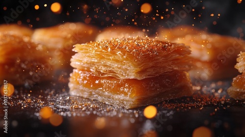 Exquisite Baklava Delicacy Suspended in Air with Sparkling Reflection on Black-Orange Gradient Background - Minimalist 16K Hyperdetail Natural Lighting Shot photo