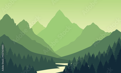 Vector orange mountain landscape with clean sky, calm river and pine trees silhouettes