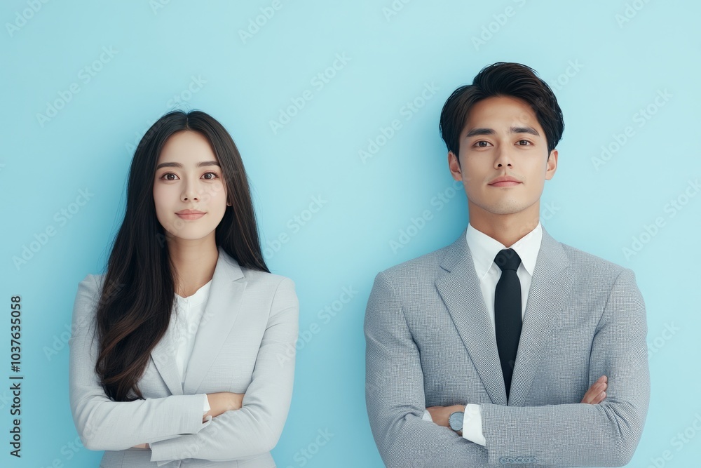 A confident male and female business professional in formal attire stand with arms crossed against a light blue background, embodying empowerment, diversity, and leadership. A confident male and female business professional in formal attire stand with arms crossed against a light blue background, embodying empowerment, diversity, and leadership.