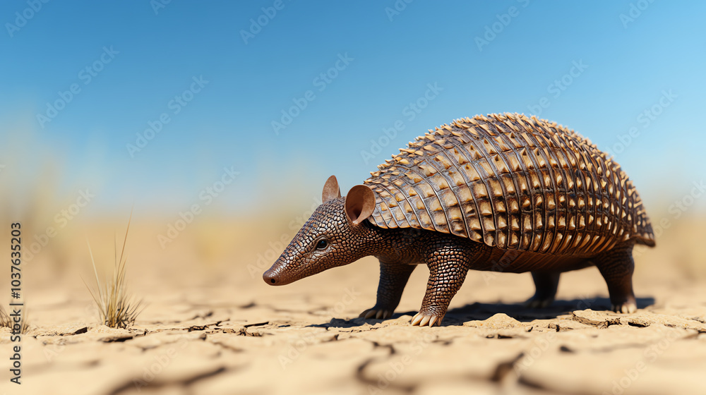 An armadillo walking across a dry, cracked landscape under a clear blue sky, showcasing its unique shell and distinctive features. An armadillo walking across a dry, cracked landscape under a clear blue sky, showcasing its unique shell and distinctive features.