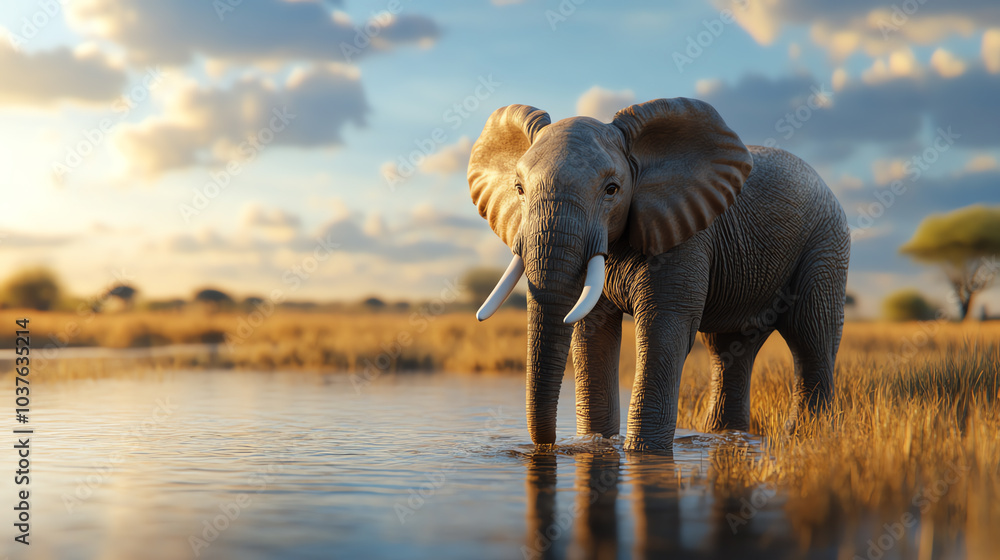 Fototapeta premium An elegant elephant stands by a serene waterbody, showcasing its majestic presence amidst a tranquil landscape.