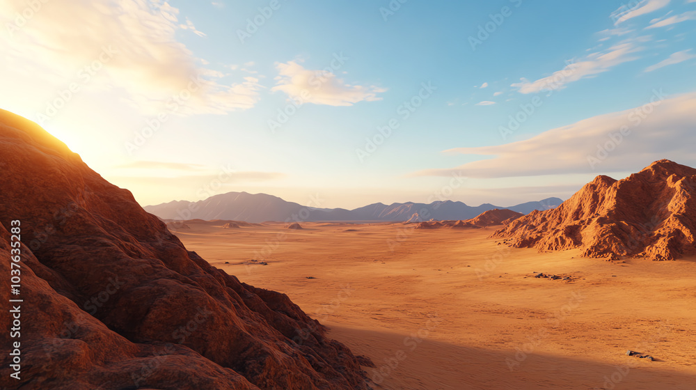 Naklejka premium Breathtaking desert landscape at sunset with colorful sky and distant mountains on the horizon. The scene captures the beauty of nature's tranquility.