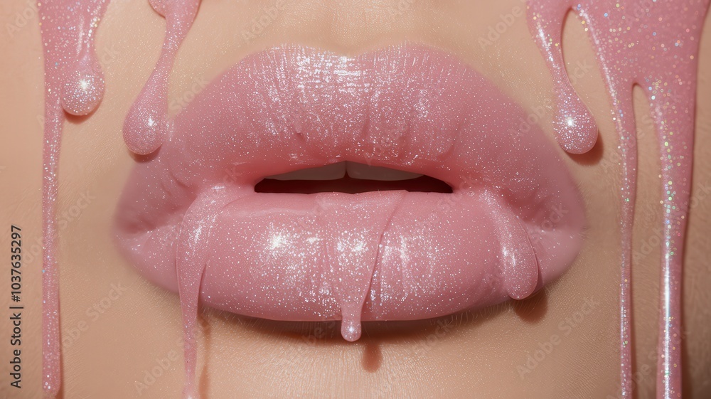 Fototapeta premium Close-Up of Wet, Glittery Pink Lips with Shiny Gloss and Soft Lighting