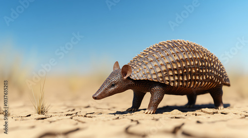 An armadillo walking across a dry, cracked landscape under a clear blue sky, showcasing its unique shell and distinctive features.