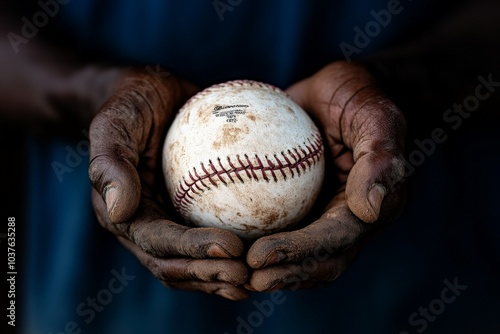 Close-up shot of rugged hands gently cradling a classic dusty baseball, symbolizing passion and tradition in sports on a dark, contrasting background. photo