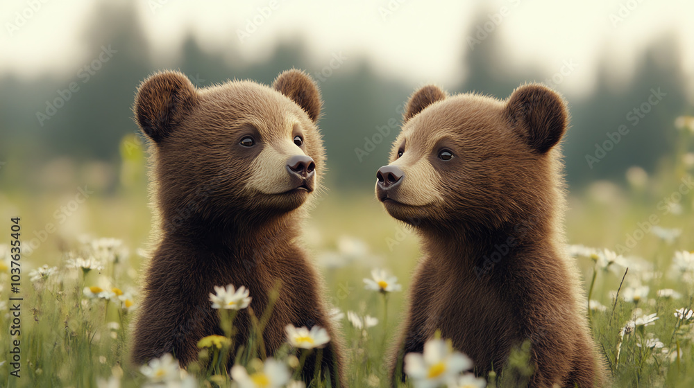 Fototapeta premium Two adorable bear cubs curiously interacting in a flower-filled meadow, showcasing their playful nature and innocence in a serene natural setting.