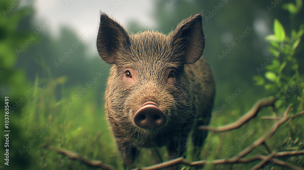 Wild boar standing in a lush green forest, showcasing its detailed fur and curious expression, blending naturally with the surrounding vegetation. Wild boar standing in a lush green forest, showcasing its detailed fur and curious expression, blending naturally with the surrounding vegetation.