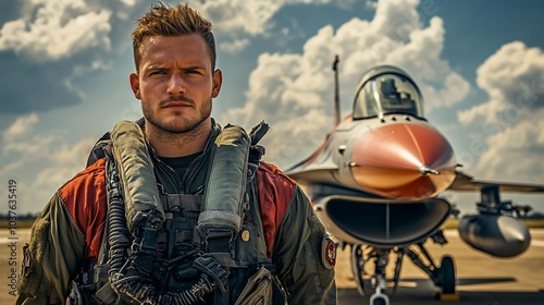 A determined fighter pilot stands in front of his jet, ready for action.