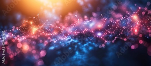 Abstract background with glowing particles and bokeh in blue, pink, and orange colors.