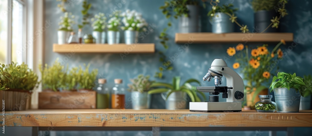 Microscope on a wooden table with potted plants and a window in the background. Microscope on a wooden table with potted plants and a window in the background.
