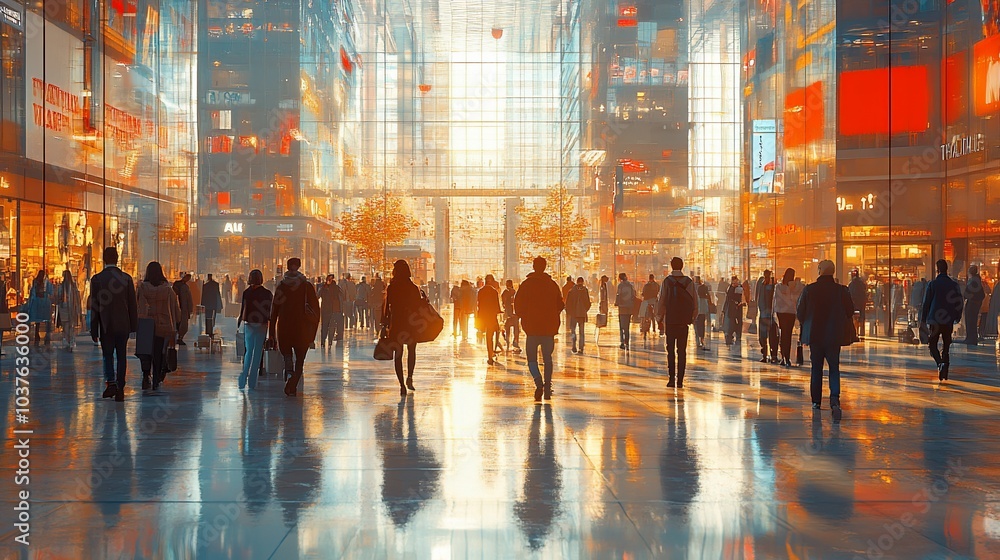A bustling crowd walks through a modern city center, with the sun shining brightly through the glass facade of a large building. A bustling crowd walks through a modern city center, with the sun shining brightly through the glass facade of a large building.