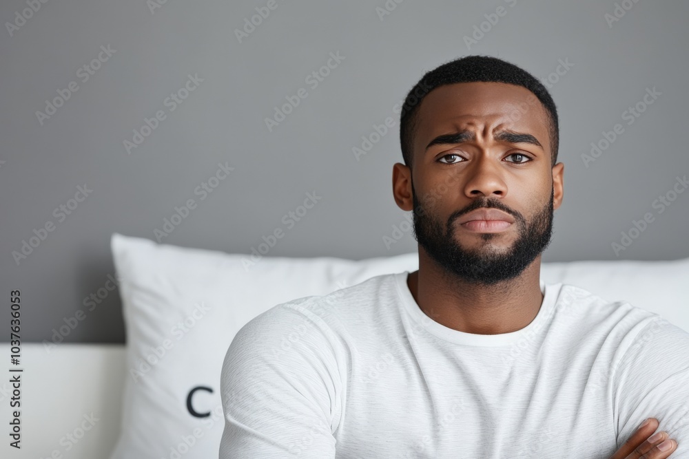 Fototapeta premium A thoughtful man expressing contemplation while seated indoors within a light-filled contemporary room, emphasizing introspection, modern lifestyle, and personal space.
