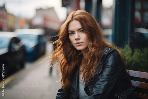 Portrait of a beautiful young redhead woman in the city.