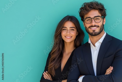 A confident duo smiling at the camera, dressed in sleek business attire against a teal backdrop, embodying professionalism, success, and a modern aesthetic appeal.