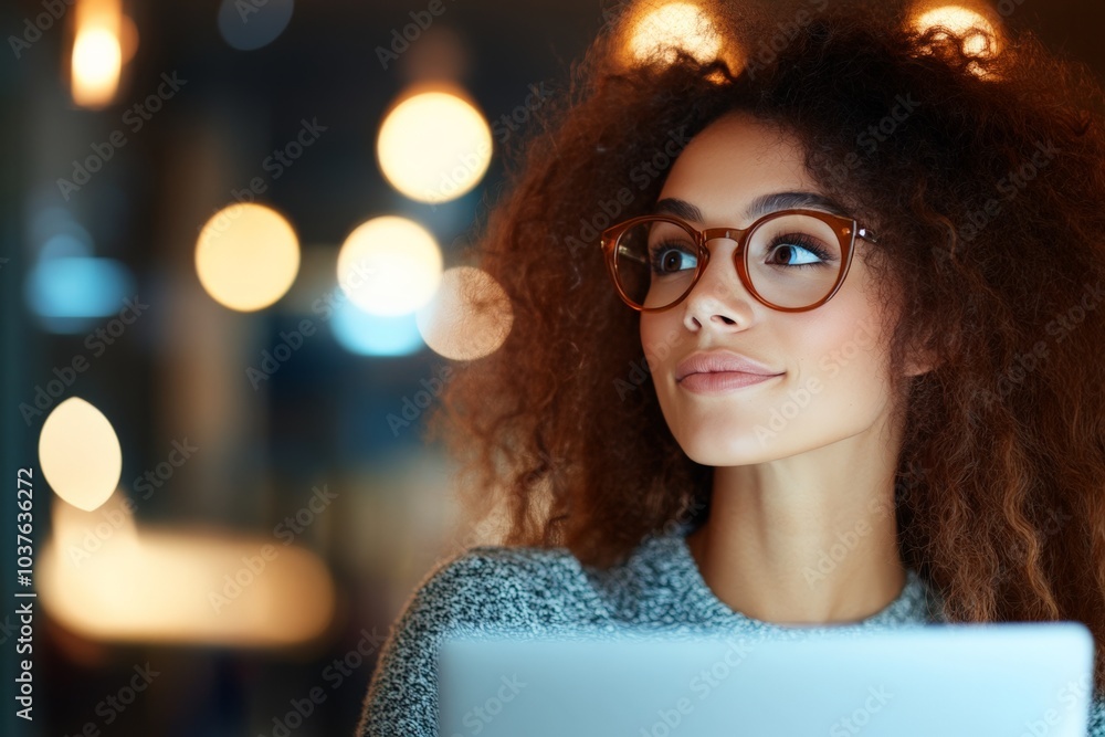 A woman with curly hair and eyeglasses gazing thoughtfully to the side, illuminated by soft ambient lighting, creating a warm and reflective atmosphere. A woman with curly hair and eyeglasses gazing thoughtfully to the side, illuminated by soft ambient lighting, creating a warm and reflective atmosphere.