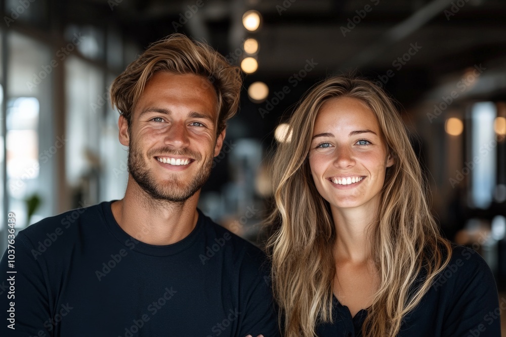 A smiling couple with sunny expressions stands close together in a well-lit space with a modern design, embodying warmth, love, companionship, and happiness. A smiling couple with sunny expressions stands close together in a well-lit space with a modern design, embodying warmth, love, companionship, and happiness.