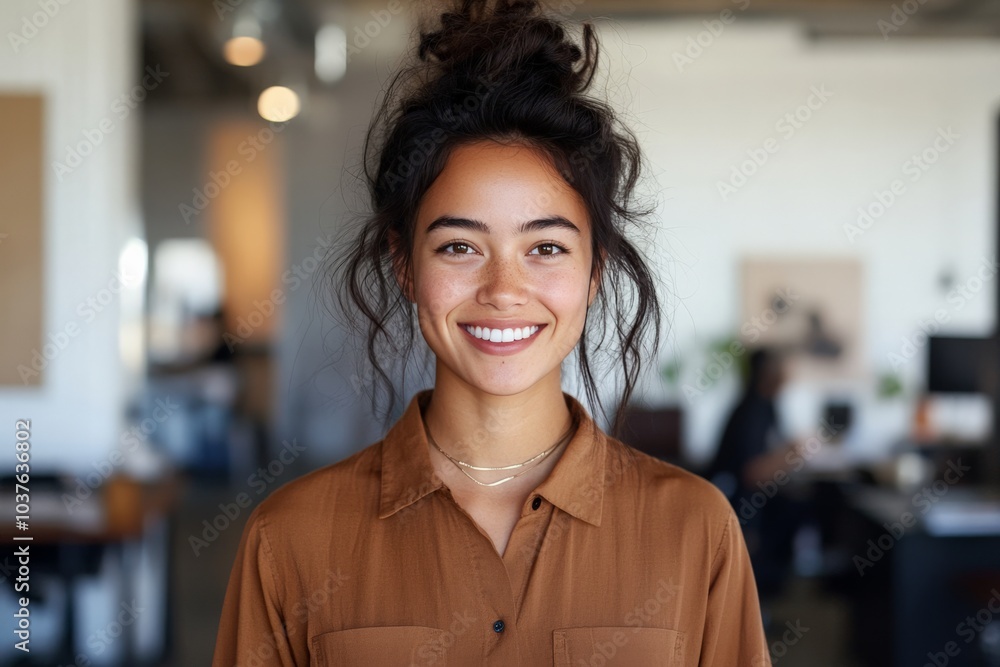 Obraz premium A cheerful young woman with a bun hairstyle in a brown shirt looking straight into the camera with a bright smile. Office environment with a cozy ambiance.