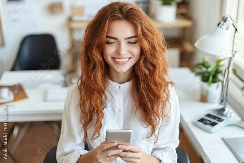 A cheerful woman with long red hair is sitting in a sunlit modern office, gazing at her smartphone with a bright smile and professional attire.