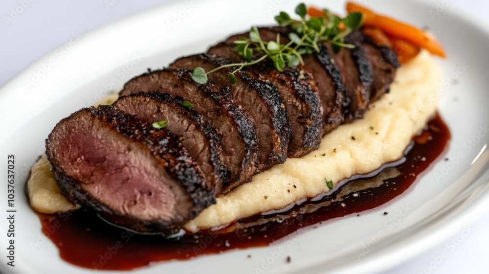 A beautifully plated seared duck breast sliced thin on a bed of creamy parsnip purée, drizzled with red wine reduction and garnished with charred baby carrots. A beautifully plated seared duck breast sliced thin on a bed of creamy parsnip purée, drizzled with red wine reduction and garnished with charred baby carrots.
