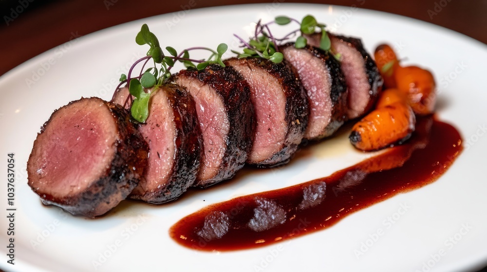 A beautifully plated seared duck breast sliced thin on a bed of creamy parsnip purée, drizzled with red wine reduction and garnished with charred baby carrots. A beautifully plated seared duck breast sliced thin on a bed of creamy parsnip purée, drizzled with red wine reduction and garnished with charred baby carrots.