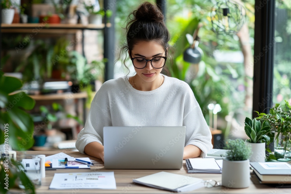 A young professional wearing glasses works attentively on a laptop in a lush green office environment, surrounded by plants, emphasizing modern eco-design. A young professional wearing glasses works attentively on a laptop in a lush green office environment, surrounded by plants, emphasizing modern eco-design.